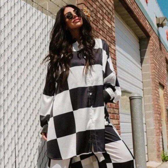 Posh Satin Black and White Checkered Playsuit - Picture 1 of 3